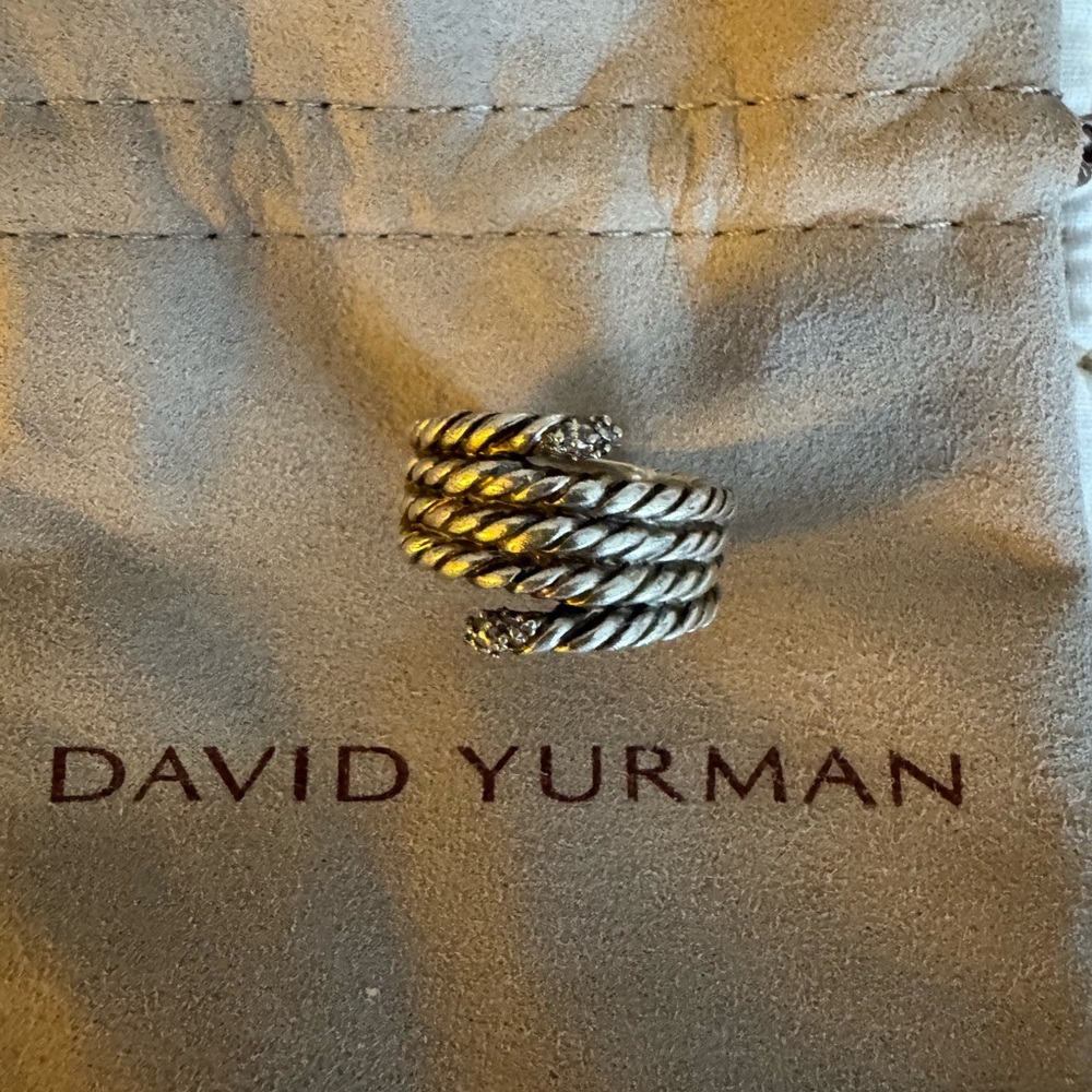 David Yurman Twisted Silver Ring with Diamond Detail size 8.25